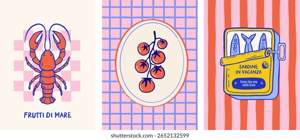 Mediterranean, Italian style poster design. Lobster, sardines, lemons and seafood images. Retro, vintage modern style illustrations for prints, menu, cards, postcards, invitations, t shirt design