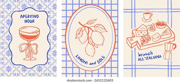 Mediterranean italian summer illustrations, lemons, cocktails, sardines, cherry tomatoes, lobster on plate, coffee espresso. Poster, card or background