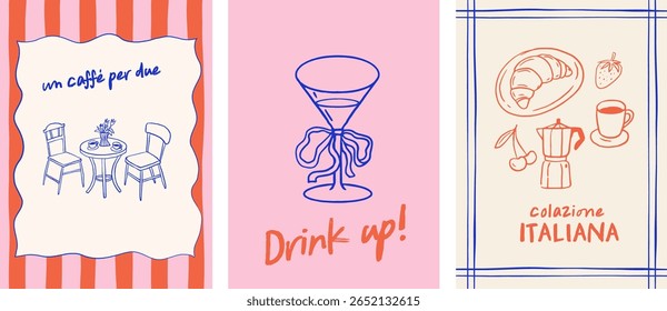Mediterranean italian summer illustrations, lemons, cocktails, sardines, cherry tomatoes, lobster on plate, coffee espresso. Poster, card or background
