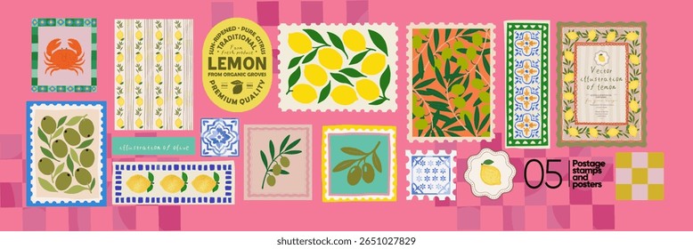 Carimbos postais italianos mediterrânicos de verão. Amalfi. Ilustrações vetoriais de rótulo, azulejo cerâmico, caranguejo, azeitonas, padrão sem costura, limões, sol e moldura ou borda para convite, cartaz ou fundo