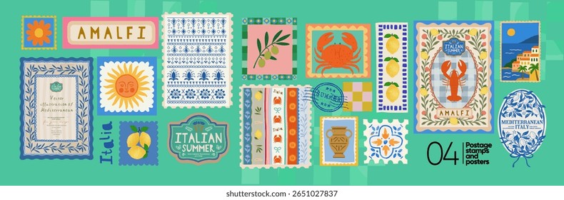 Carimbos postais italianos mediterrânicos de verão. Amalfi. Ilustrações vetoriais de cidade, lagosta, caranguejo, azeitonas, padrão sem emenda do mar, limões, azulejos e moldura ou borda para convite, cartaz ou fundo
