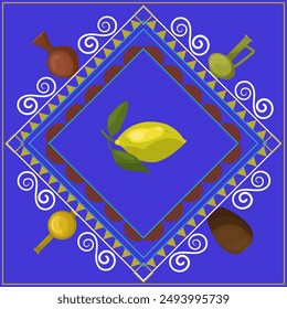 Mediterranean italian tile with blue, yellow lemon, bordo ornaments. Vector elegand illustration of lemon, frame, ceramic vases for background, invitation, wedding, greeting card, poster