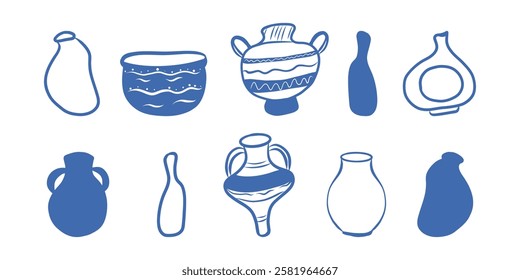 Mediterranean jars, jugs, vessels, pitchers set. Hand drawn blue  vector mediterranean jars vector jugs vessels.