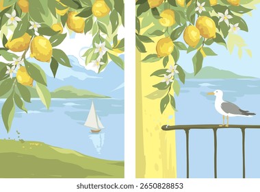 Mediterranean Journey. Background with lemon branches and sea. Hand drawn vector illustration in watercolor style, poster or postcard with citrus and seascape.