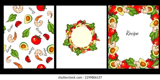 Cocina mediterránea con textura sin fisuras, espacio rectangular y redondo para fotocopias. Tomates, aceitunas, aguacate, arugula para una nutrición adecuada, fondo alimentario sano, vector, dibujo a mano, impresión 