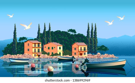 Mediterranean landscape with boats and fishing village in the foreground, sea and mountains in the background. Handmade drawing vector. All objects are grupped into separate layers.