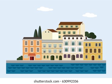 Mediterranean landscape by sea. Italian or Croatian town with colorful old houses. Flat design, vector illustration.