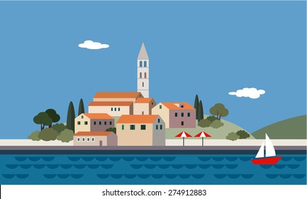 Mediterranean landscape by sea, little town, resort, beach, flat design, vector illustration svg