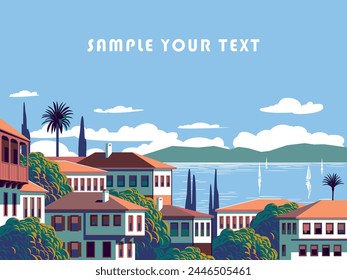 Mittelmeerlandschaft mit kleiner Altstadt im ersten Paket, Meer, Insel und Yachten im Hintergrund. Handgemachte Zeichnung Vektorillustration. Kann für Plakate, Banner, Postkarten, Bücher usw. verwendet werden.