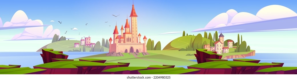 Paisaje mediterráneo con castillo medieval y edificios de pueblo en el paisaje de fondo de verano. Reino de cuento de hadas con palacios y cabañas en isla verde rodeada de mar Dibujo vectorial de dibujos animados