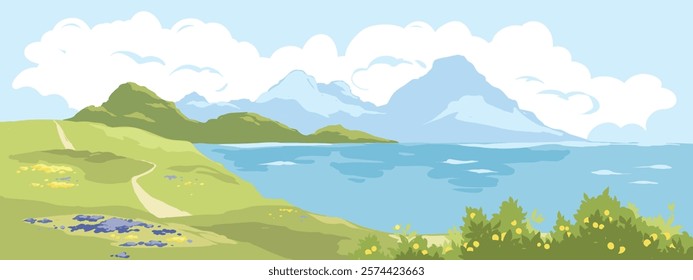 Mediterranean landscape with sea, flower meadow, mountains and citrus garden in the foreground. Hand drawn vector illustration in watercolor style.