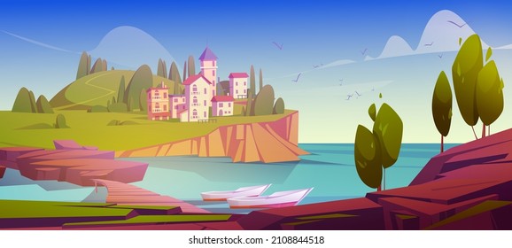 Mediterranean landscape stone houses at sea coast with moored boats, mountains and green trees under blue clear sky. Scenery summer panorama, beautiful scenic nature, Cartoon vector illustration