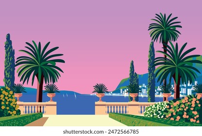 Mediterranean landscape with a terrace in a romantic park with flowering bushes, flower beds, a balustrade, palm trees, an island and the sea in the background. Handmade drawing vector illustration.