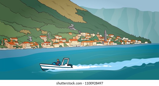 Mediterranean landscape - town Perast, Kotor bay (Boka Kotorska), Montenegro. Medieval city under the mountain next to the sea. Hand drawn vector illustration. 