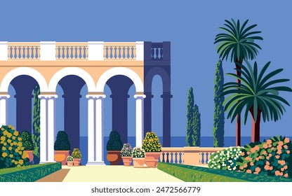 Mediterranean Landscape with traditional romantic belvedere in a park with a garden, flowering beds, palms, island and the sea in the background. Handmade drawing vector illustration.