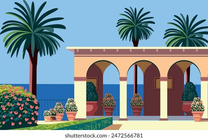 Mediterranean Landscape with traditional romantic gazebo in a park with a garden, flowering beds, palms, island and the sea in the background. Handmade drawing vector illustration.