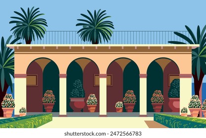 Mediterranean Landscape with traditional romantic loggia in a park with a garden, flowering beds, palms, island and the sea in the background. Handmade drawing vector illustration.