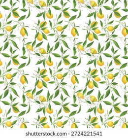 Mediterranean Lemon Citrus Pattern, Fresh Yellow Lemons with Green Leaves and White Blossoms Botanical Background for Kitchen Decor and Packaging