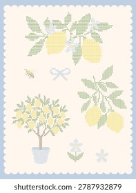 Mediterranean Lemon Elements Set in Cross Stitch Style. Sicilian Summer Vector Collection with Citrus Branches, Lemon Tree, Floral Motifs, Bee and Coastal Botanical Decor.