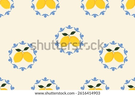 Mediterranean lemon fruit pattern with floral blue circle on cream background. Mediterranean design for kitchen textiles, wallpaper, wrapping, cover, background.