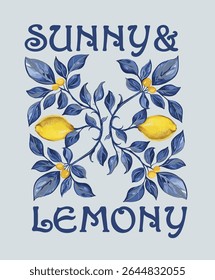 Projeto de motivo de limão mediterrâneo, Limão e folhas aquarela arte vetorial, italiano férias de verão arte para t shirt, cartaz, bolsa de tote, Verão vintage   