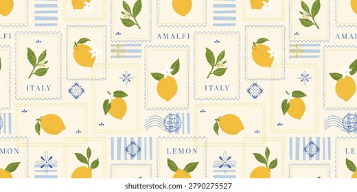 Mediterranean lemon postcard seamless pattern. Italian Amalfi citrus stamps collage with vintage frames, tiles and summer travel aesthetic background	