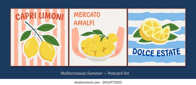Mediterranean lemon postcard set with hand drawn elements