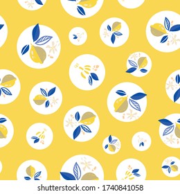 Mediterranean lemon vector graphic citrus floral dot pattern. Hand drawn textured citrus fruit pattern with leaf and blossom on yellow background. Classy simple summer backdrop.