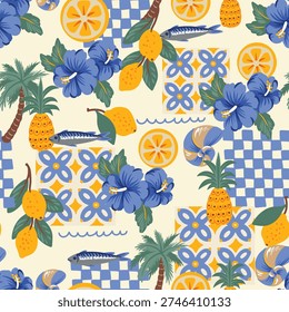 Mediterranean lemons seamless pattern featuring blue hibiscus flowers, citrus fruits, pineapples, fish and decorative ceramic tiles. Bright coastal summer illustration with Italian vibe. Perfect for textile, wallpaper, wrapping paper and vacation inspired designs.