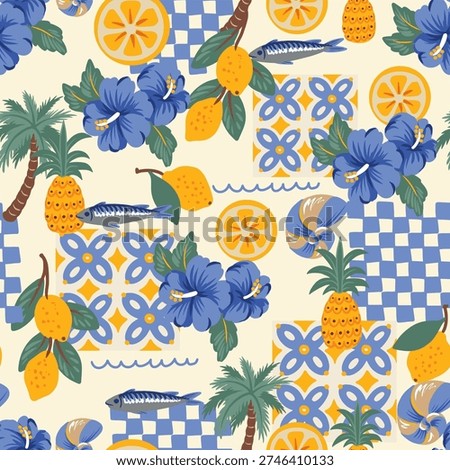 Mediterranean lemons seamless pattern featuring blue hibiscus flowers, citrus fruits, pineapples, fish and decorative ceramic tiles. Bright coastal summer illustration with Italian vibe. Perfect for textile, wallpaper, wrapping paper and vacation inspired designs.