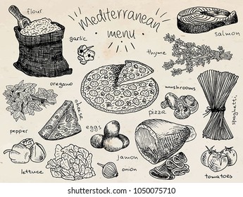 mediterranean menu, flour, oregano, pepper, lettuce, onion, eggs, cheese, garlic, thyme, salmon, mushroom, pizza, spaghetti, pasta, tomatoes, vegetables