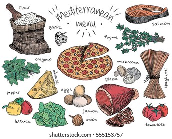 mediterranean menu, flour, oregano, pepper, lettuce, onion, eggs, cheese, garlic, thyme, salmon, mushroom, pizza, spaghetti, pasta, tomatoes, vegetables
