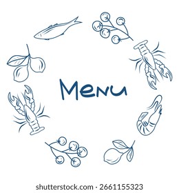 Vetor de quadro de menu mediterrâneo, Marisco e Citrus Borda decorativa, Design de menu minimalista com ilustrações de frutos do mar
