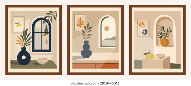 Mediterranean Minimalist Gallery Wall Set with Botanical Vase and Arched Window Vector Posters