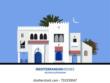 Conjunto de casas de estilo mediterrânico marroquino ou árabe. Ilustração vetorial