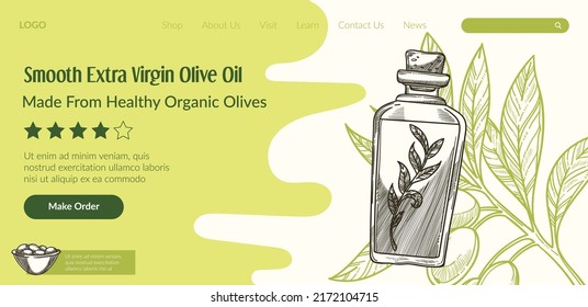 Mediterranean natural and organic smooth extra virgin olive oil. Bottle with fresh product, monochrome sketch outline. Cooking dish. Website landing page template, online page. Vector in flat style 