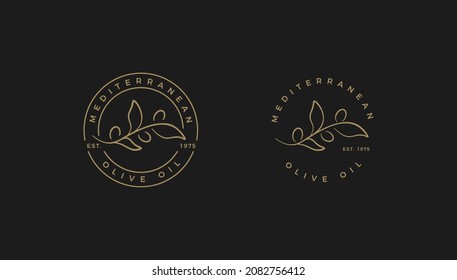 Mediterranean Olive Oil emblem, round line stamp design. Organic healthy vector logo template