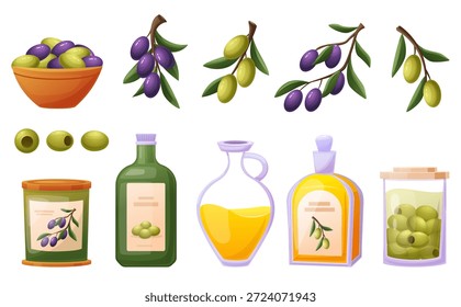 Conjunto de Vector de aceite de oliva mediterráneo. Aceitunas, ramas, botellas, frascos, cortezas de vidrio e ilustraciones de envases de alimentos. Estilo lindo plano de la historieta