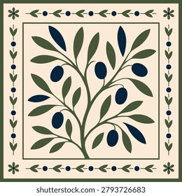 Mediterranean Olive Tree Tile Illustration Featuring Decorative Olive Branches Ripe Fruit Botanical Foliage And Ceramic Inspired Ornamentation Traditional Sicilian Folk Artwork Southern European Decorative Design Coastal Mediterranean Heritage Rustic Natural Aesthetic Handcrafted Tile Decoration Suitable For Kitchen Decor Restaurant Branding Olive Oil Packaging Textile Prints Wallpaper Stationery Products Home Interior Graphics Creative Commercial Projects And Contemporary Mediterranean Lifestyle Collections Inspired By Historic Ceramic Craft Traditions