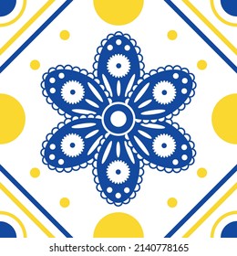 Mediterranean ornament in blue and yellow colors.
Portuguese vector tiles. Scandinavian style.