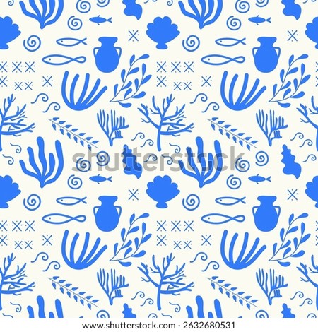 Mediterranean ornamental blue seamless pattern with ceramics, seaweed, shells, fish, branch, ornament. Repeating vector background with sea Greek motif for design, template, card, textile, print paper