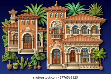 Mediterranean paper cut style vector illustration of a luxury villa with terracotta roof, ornate balconies and tropical plants. Elegant 3D colonial house design. Hand drawn, not AI