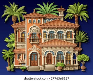 Mediterranean paper cut style vector illustration of a luxury villa with terracotta roof, ornate balconies and tropical plants. Elegant 3D colonial house design. Hand drawn, not AI