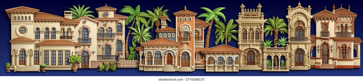 Mediterranean paper cut style vector illustration of a luxury villa with terracotta roof, ornate balconies and tropical plants. Elegant 3D colonial house design. Hand drawn, not AI