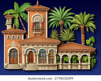 Mediterranean paper cut style vector illustration of a luxury villa with terracotta roof, ornate balconies and tropical plants. Elegant 3D colonial house design. Hand drawn, not AI