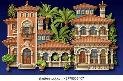 Mediterranean paper cut style vector illustration of a luxury villa with terracotta roof, ornate balconies and tropical plants. Elegant 3D colonial house design. Hand drawn, not AI