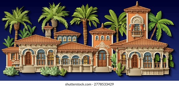 Mediterranean paper cut style vector illustration of a luxury villa with terracotta roof, ornate balconies and tropical plants. Elegant 3D colonial house design. Hand drawn, not AI