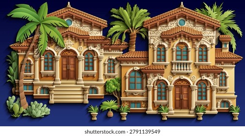 Mediterranean paper cut style vector illustration of a luxury villa with terracotta roof, ornate balconies and tropical plants. Elegant 3D colonial house design. Hand drawn, not AI 