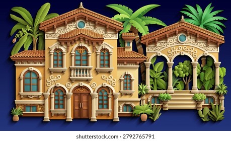 Mediterranean paper cut style vector illustration of a luxury villa with terracotta roof, ornate balconies and tropical plants. Elegant 3D colonial house design. Hand drawn, not AI