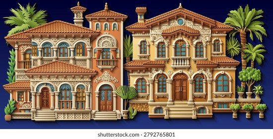 Mediterranean paper cut style vector illustration of a luxury villa with terracotta roof, ornate balconies and tropical plants. Elegant 3D colonial house design. Hand drawn, not AI